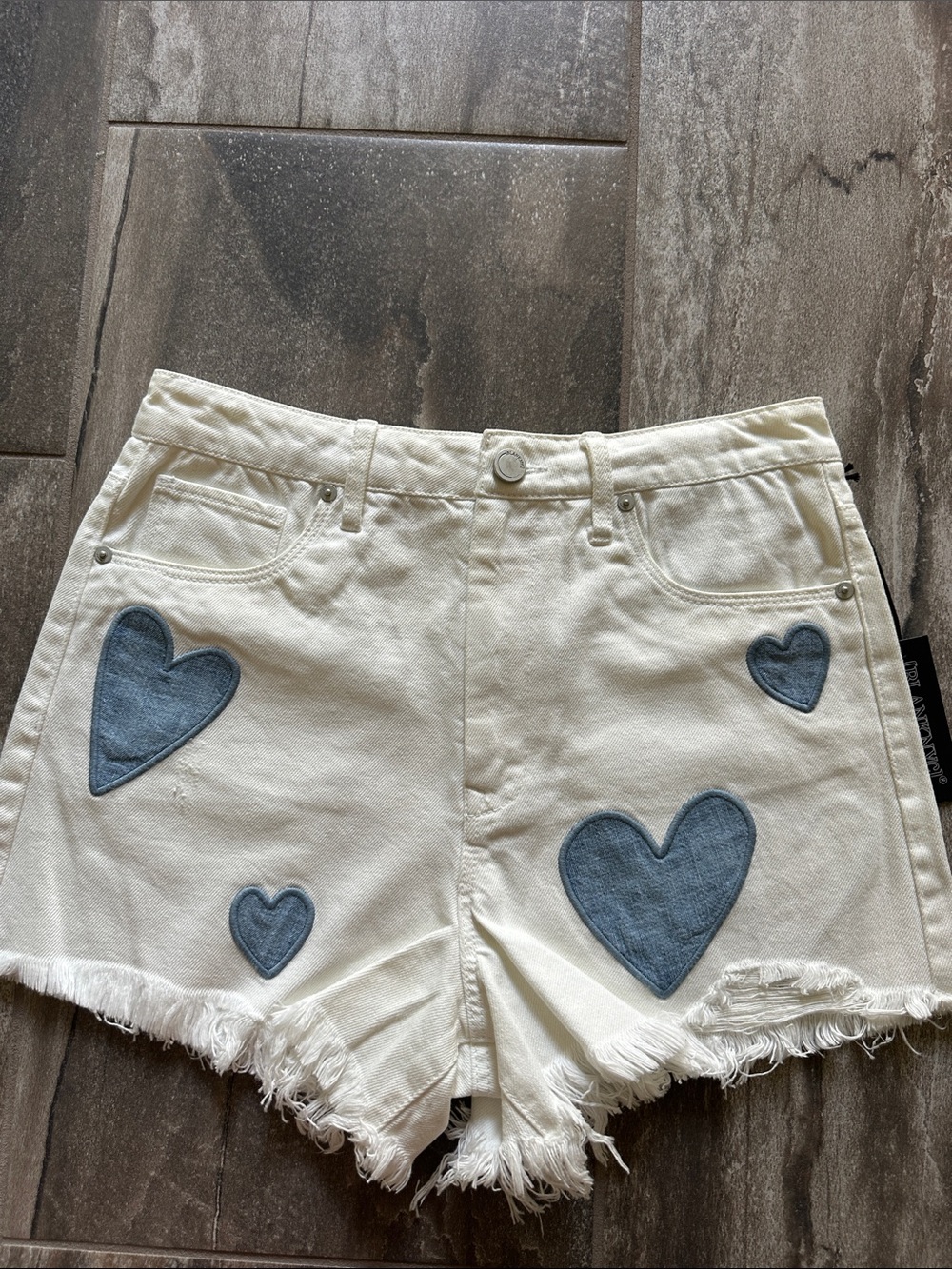 Blank NYC White Denim Shorts with Blue Heart Appliqués